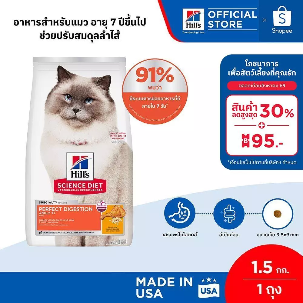 Hill's Science Diet Perfect Digestion สูตรไก่ อาหารแมว อายุ 7 ปีขึ้นไป ขนาด 1.5 กก.