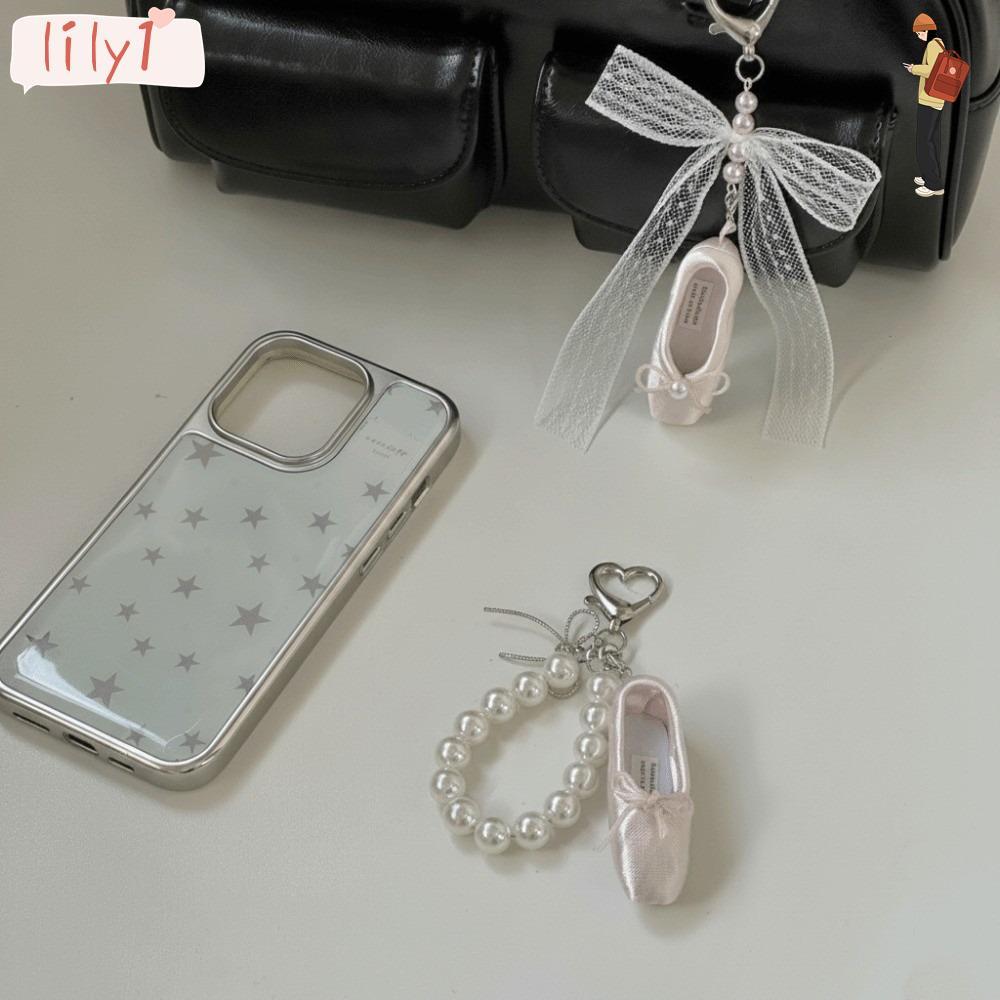 LILY Ballet Shoes Pendant, Ins Korean Pink Ribbon Ballet Shoes Key Chain, Ins Pearl Ballet Shoes Key