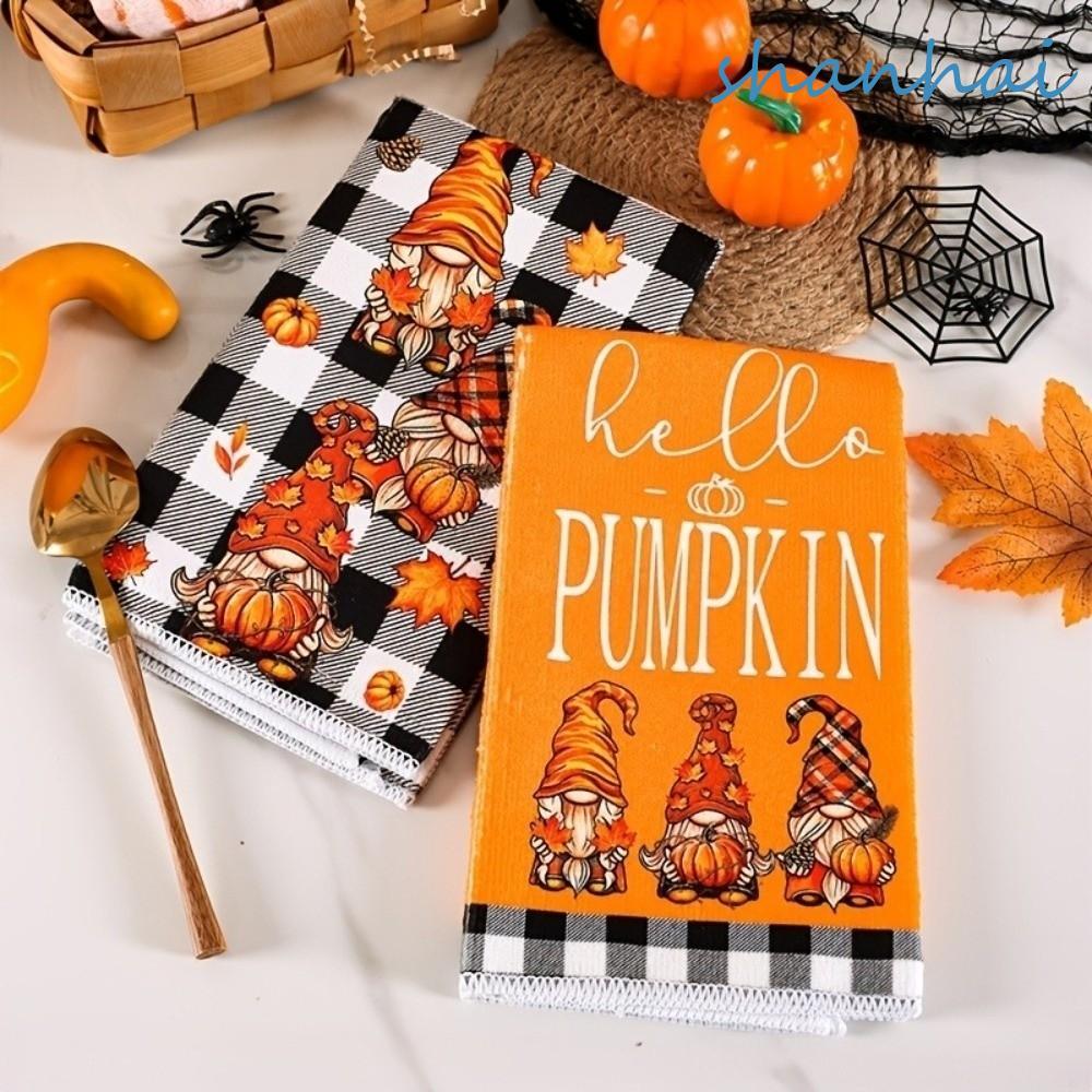SHANHAI 2 ชิ้นผ้าเช็ดมือครัว,ไมโครไฟเบอร์ Maple Leaf Fall Gnome ผ้าเช็ดจาน, ตลกนุ่มดูดซับฤดูใบไม้ร่ว