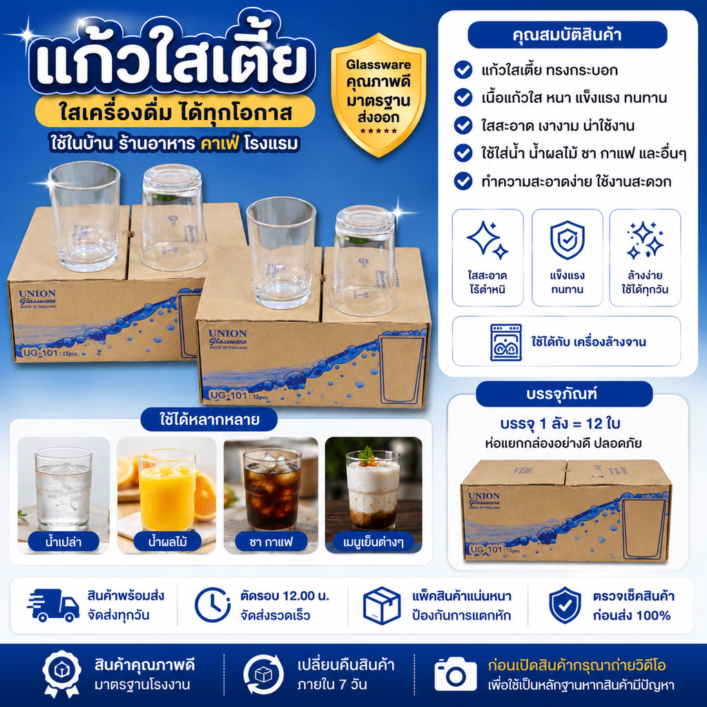 แก้วใส แก้วน้ำดื่ม แก้วทรงสูง 8 ออนซ์ 10 ออนซ์ เนื้อหนา แข็งแรง บรรจุ12ใบ ใช้กับเครื่องล้างจานได้