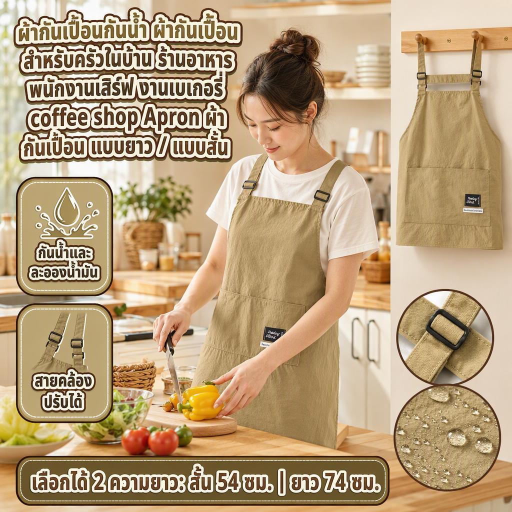 ผ้ากันเปื้อนกันน้ำ ผ้ากันเปื้อน สำหรับครัวในบ้าน ร้านอาหาร พนักงานเสิร์ฟ งานเบเกอรี่ กันเปื้อน แบบยาว / แบบสั้น