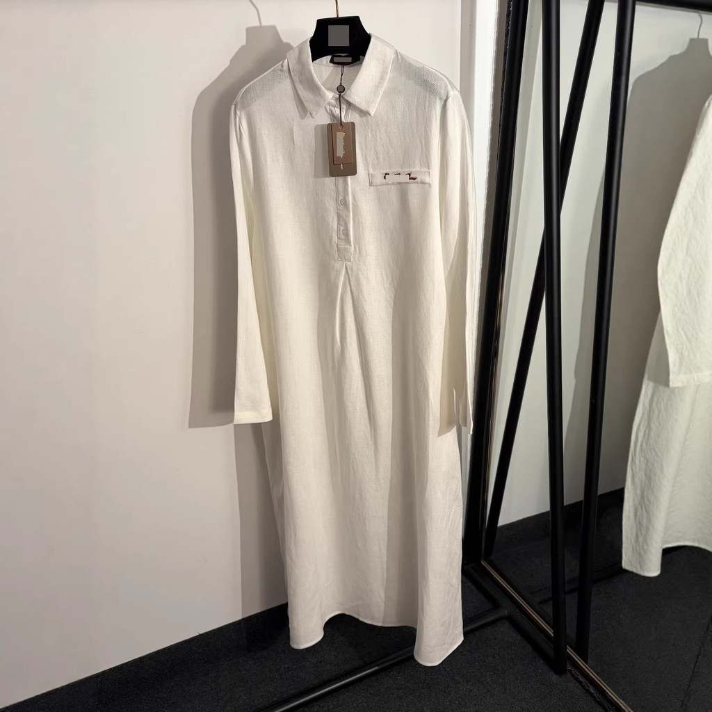 KWL9 Italian LP Slim-fit Simple ปักครึ่งเปิดเสื้อเชิ้ตคอปกแขนยาวชุดเดรสผ้าลินินยาว