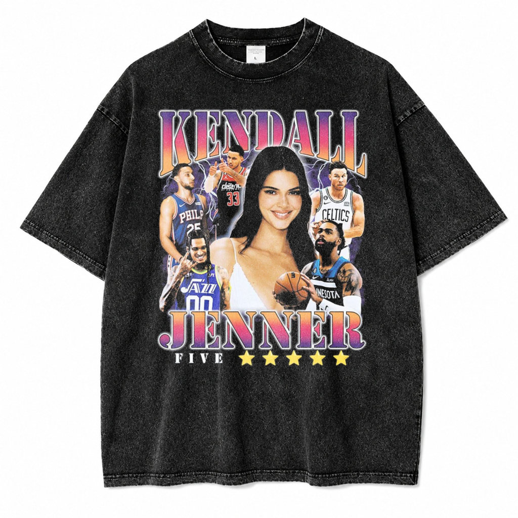 หินขนาดใหญ่สีดําล้าง Kendall Jenner Vintage Streetwear Distro Unisex ผู้ชายผู้หญิงเสื้อยืด