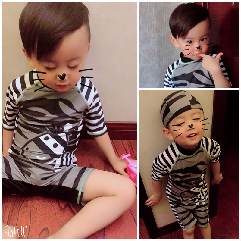 ชุดว่ายน้ําเด็กเด็กชายเด็กเกาหลี Baby Zebra Stripes ครีมกันแดดวันหยุด Quick-Drying Surfing Suit อินเ