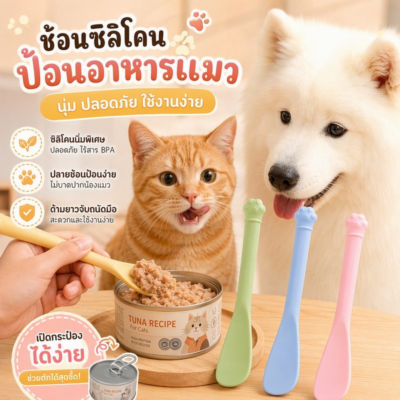 COD ช้อนแมวซิลิโคนกระป๋องด้ามยาว เครื่องให้อาหารแมว/สุนัข ปิดกระป๋องได้ ไม่เจ็บปาก ประหยัดแรงงาน