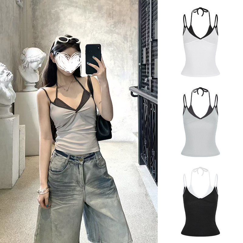 MOSES QUEEN เสื้อคล้องคอคอวีสองชิ้นปลอมแบบบล็อกสีเหมาะสําหรับใส่เดี่ยวหรือตั้งพื้นทับเสื้อตัวสั้น