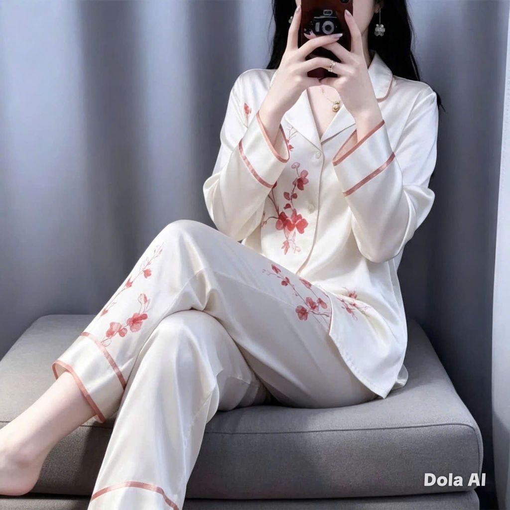 ชุดนอนสตรีชุดละตินผ้าไหมเสื้อแขนยาวคอปกขนาดใหญ่ผ้าไหมคุณภาพสูง HOA DKK