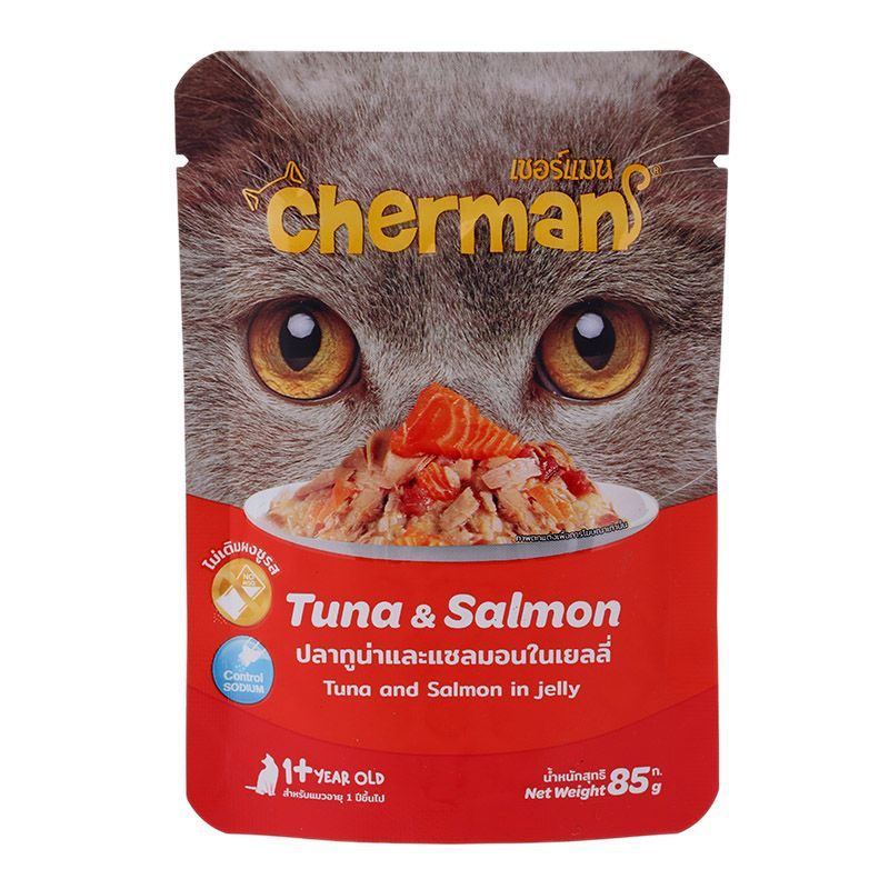 เชอร์แมนอาหารแมวปลาทูน่าและแซลมอนในเยลลี่ 85ก Cherman Cat Food Pouch Tuna and Salmon In Jelly 85g [8