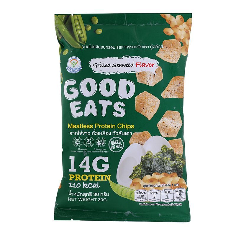 กู๊ดอีทส์ขนมโปรตีนอบกรอบรสสาหร่ายย่าง 30ก Good Eats Protein Chips Grilled Seaweed Flavour 30g. [บาร์โค้ด 8858185004601]