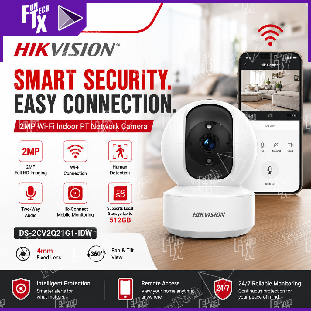 FunTech HIKVISION DS-2CV2Q21G1-IDW 2MP WiFi กล้องวงจรปิดในร่ม PT Human Detection Two Way Audio Hik-C