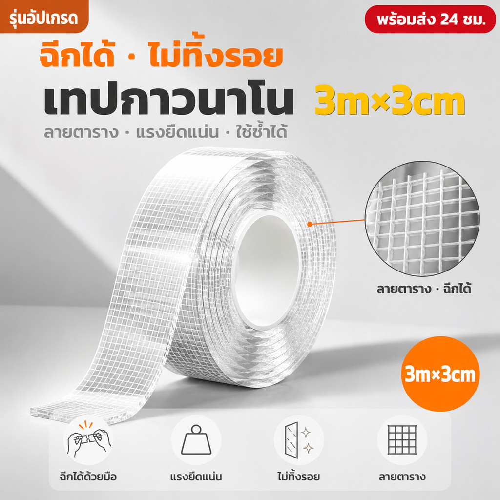 🔥เทปกาวนาโน แบบสองหน้า พร้อมส่งในไทย✨3mเหนียวแข็งแรง ใส เทปกาวกันน้ําแบบใช้ซ้ําได้