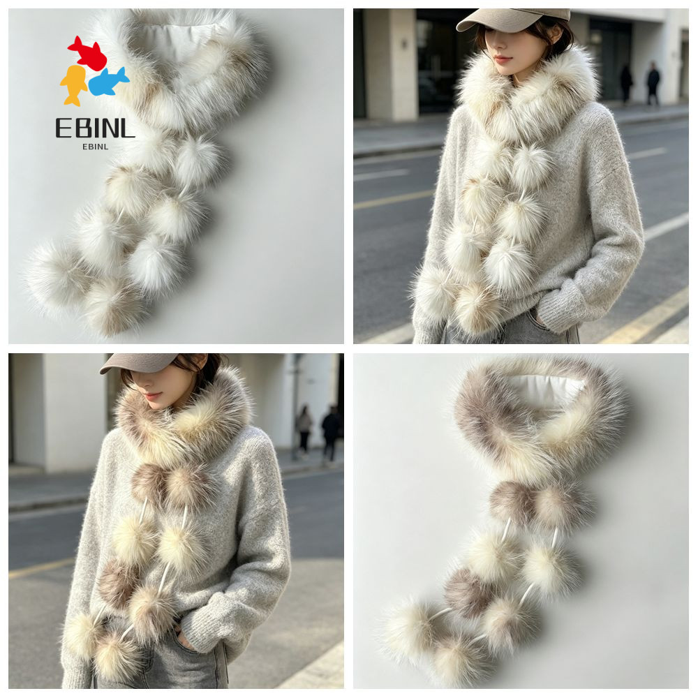 EBINL Faux Fur ผ้าพันคอ, Faux Fur Soft Plush Texture FUR Collar ผ้าพันคอ, Pom รายละเอียด Fluffy Trim