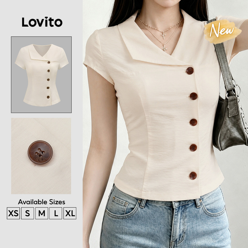 (New Arrival) Lovito เสื้อเบลาส์ผู้หญิง สีไลท์กากี เรียบหรู แบบกระดุมหน้า ทรงไม่สมมาตร เหมาะสําหรับฤดูใบไม้ผลิและฤดูร้อน BLK9P1D471