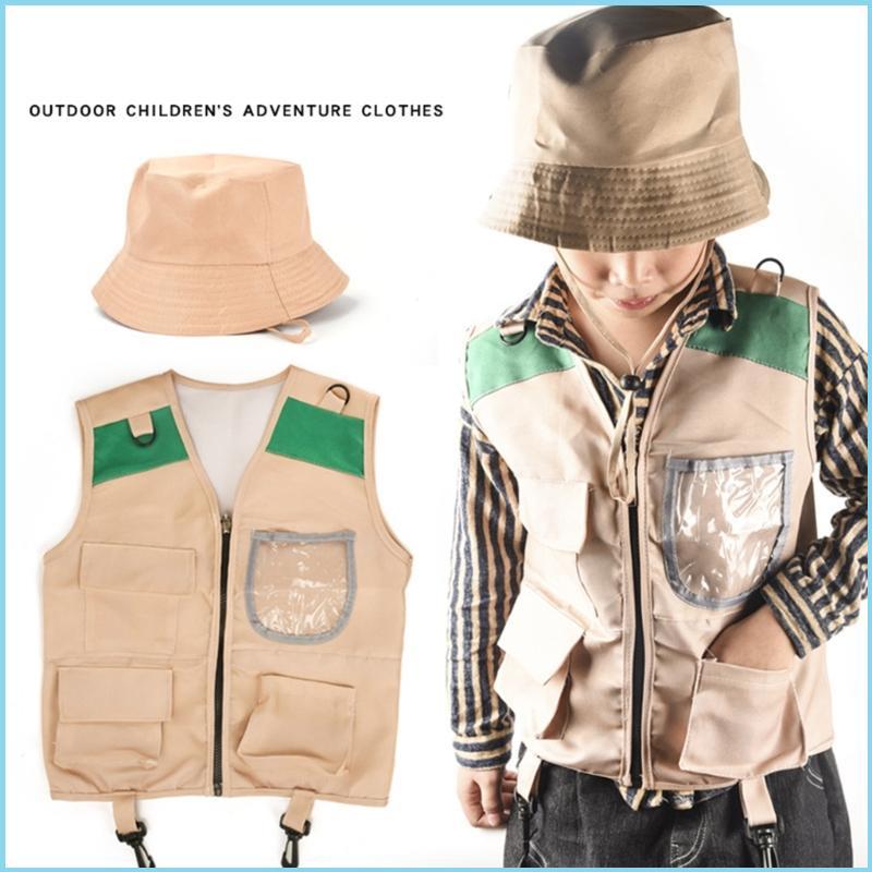 EZR Kids Safari เครื่องแต่งกาย STEM Outdoor Explorer Kit เสื้อกั๊กคาร์โก้พร้อมหมวกเด็กชุด Explorer ช