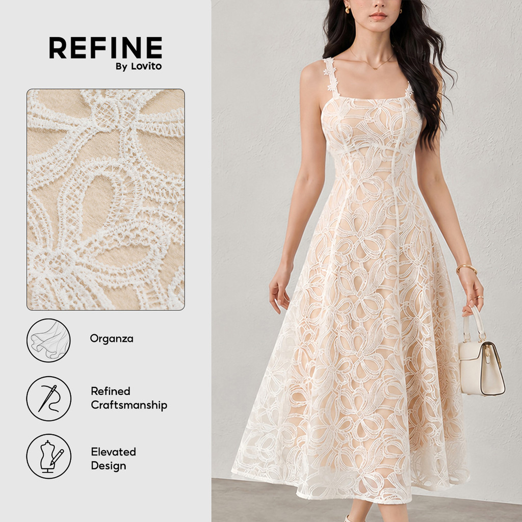 (Refine by Lovito) สง่างาม ชุดเดรสสวยหรูสำหรับวันสงกรานต์ เดรสสีแอปริคอทสำหรับฤดูใบไม้ผลิ/ฤดูร้อน สำหรับผู้หญิง เกาหลี อินเทรนด์ ปาร์ตี้/เป็นทางการ LR32A031