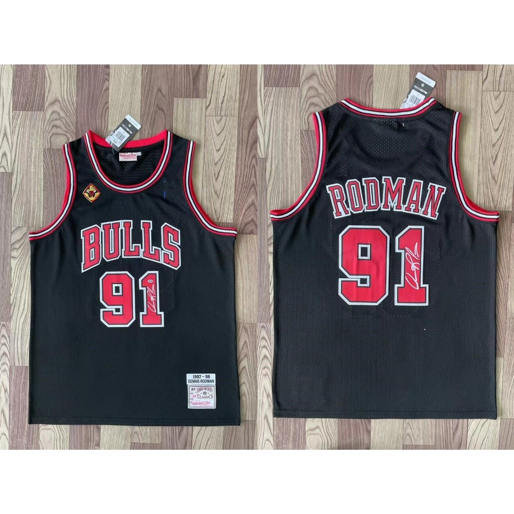 IDAWN7 ผู้ชาย Dennis Rodman สีดํา Chicago Bulls ไม้เนื้อแข็ง Classics Swingman Jersey  #91
