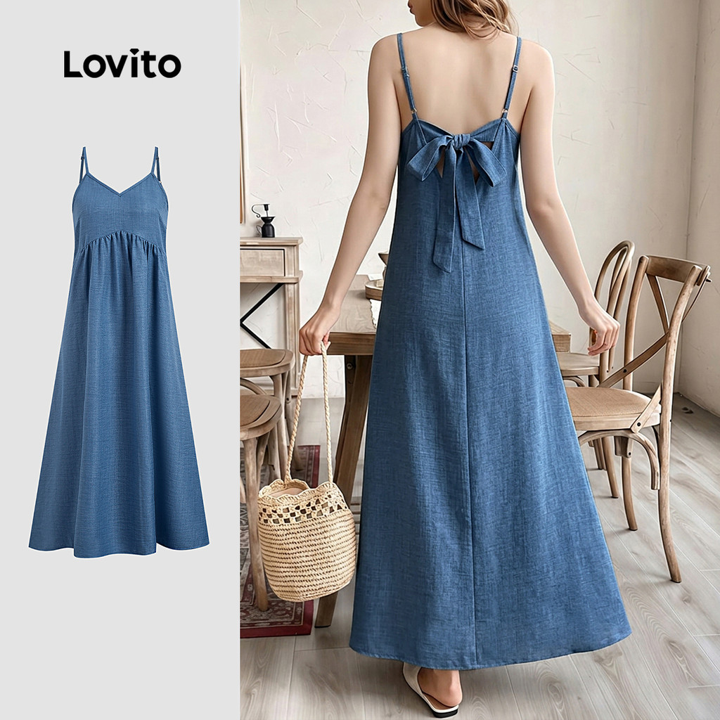 (New Arrival) Lovito เดรสโบโฮเรียบง่ายสไตล์รีสอร์ต ฤดูร้อนสีน้ําเงินสําหรับผู้หญิง L198ED3145