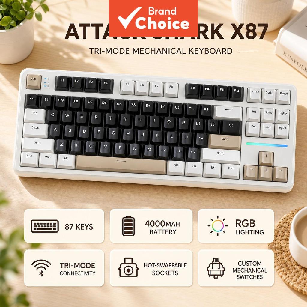 คีย์บอร์ดแบบกลไก ATTACK SHARK X87, 87 คีย์, Tri-Mode, Hot-Swappable