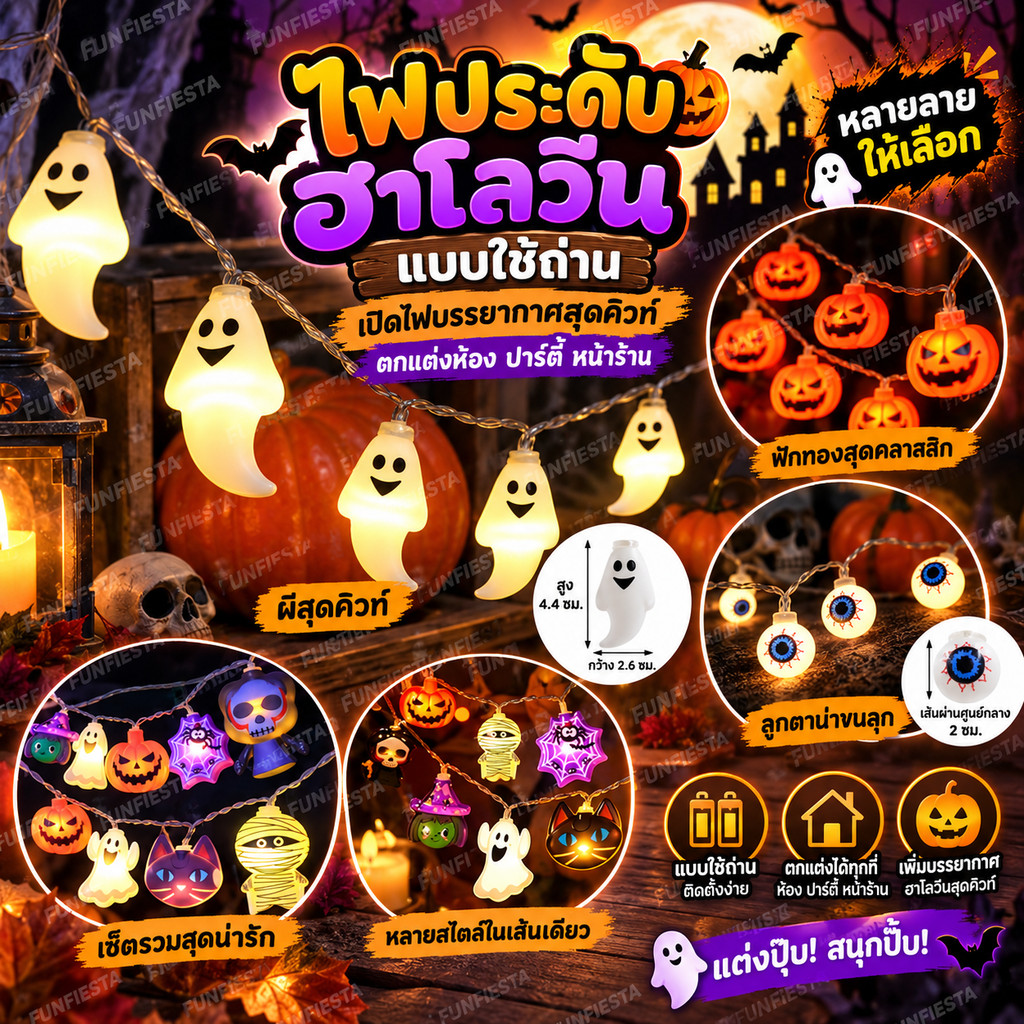 ไอเทมฮาโลวีน 👻 ไฟสายฟักทอง LED พร้อมผี String Light แต่งบ้าน สร้างบรรยากาศ ปาร์ตี้ Halloween ใช้ถ่าน 1.5M/3M