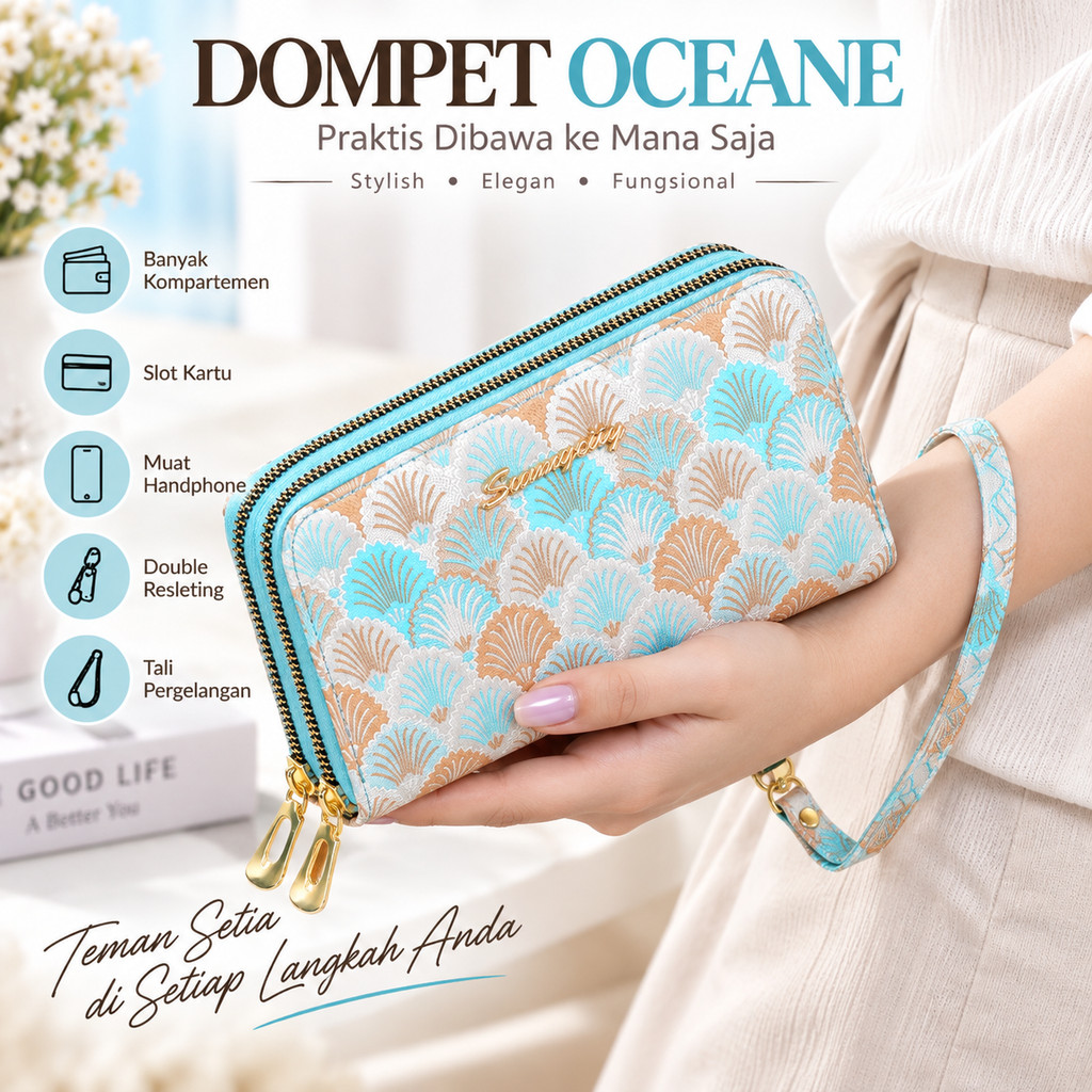 Oceane Womens Long Wallet WA1319B2 Double Slot Card Motif and Elegant Wrist Zipper Strap