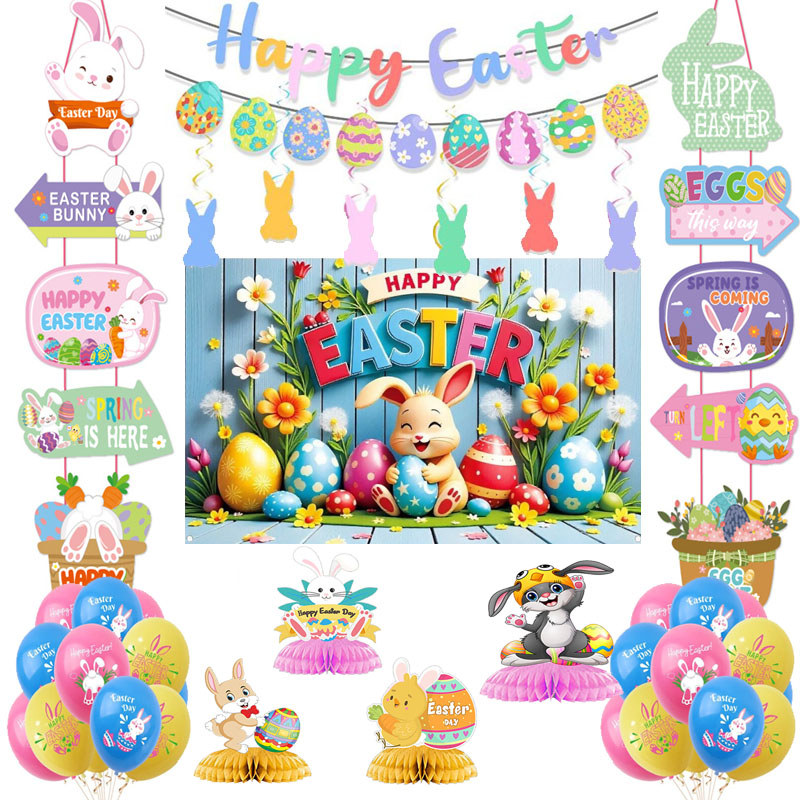 EASTER Theme Party ตกแต่งดึงธงพื้นหลังผ้า HAPPY EASTER กระต่าย EASTER ไข่คู่ตกแต่งรังผึ้ง