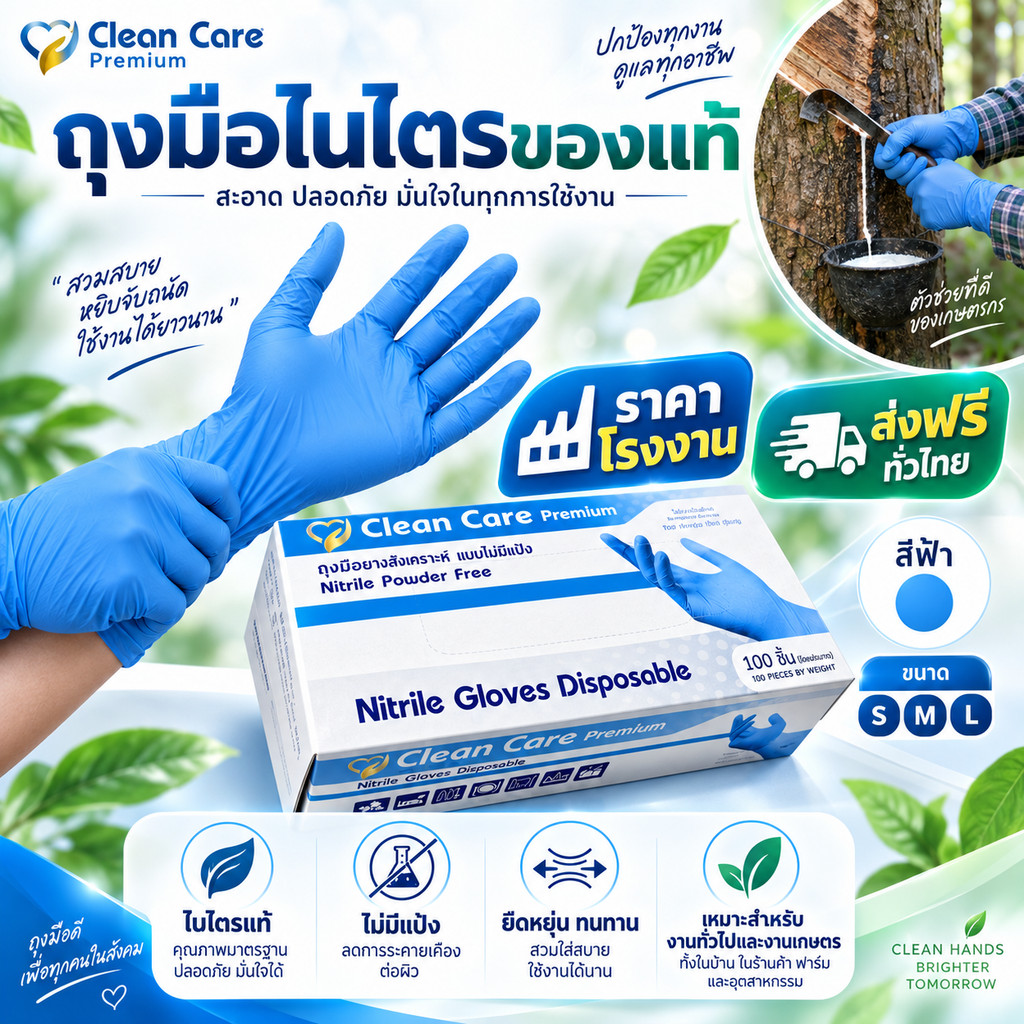 [New]ลด 20% ถุงมือยางไนไตรฟ้า 5 กรัม ยี่ห้อ Clean Care Premium บรรจุ 100 ชิ้น สัมผัสอาหารได้ เกรด A ส่งเร็วภายในวัน