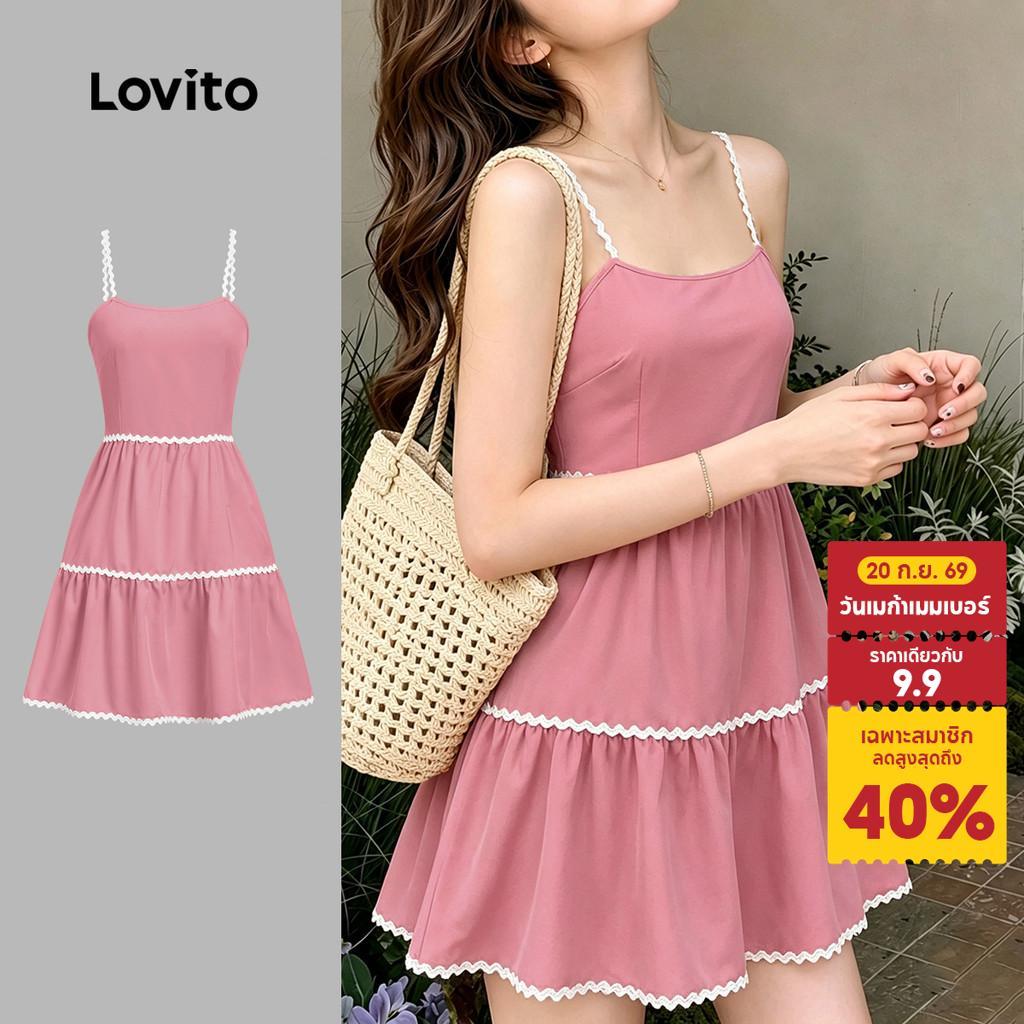 Lovito เดรสสีเหลืองฤดูใบไม้ผลิ/ฤดูร้อนสําหรับผู้หญิง คอระบาย ชายระบาย สง่างาม L199ED633