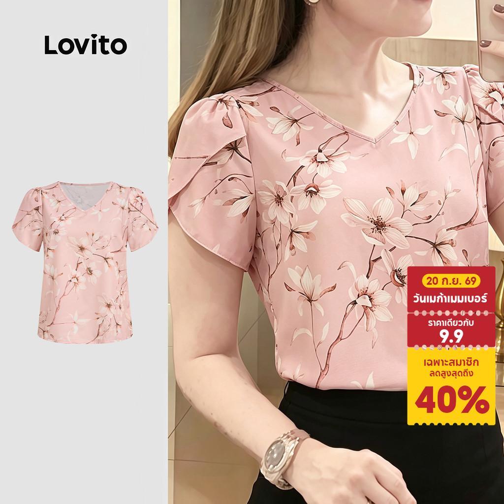Lovito แคชชวล เสื้อเบลาส์ลําลองสีชมพูสําหรับสุภาพสตรี ฤดูใบไม้ผลิ/ฤดูร้อน LK5ED195