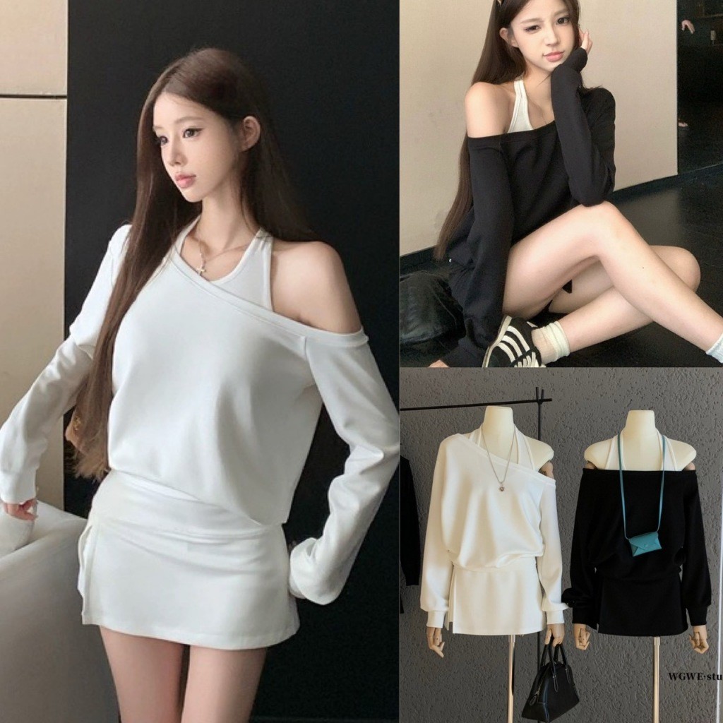 W7078 เซ็ท 2 ชิ้น เสื้อแขนยาวทรงปาดไหล่ แต่งเสื้อกล้ามคล้องคอ ผ้าแฟชั่นเกาหลี TAG WG.WE