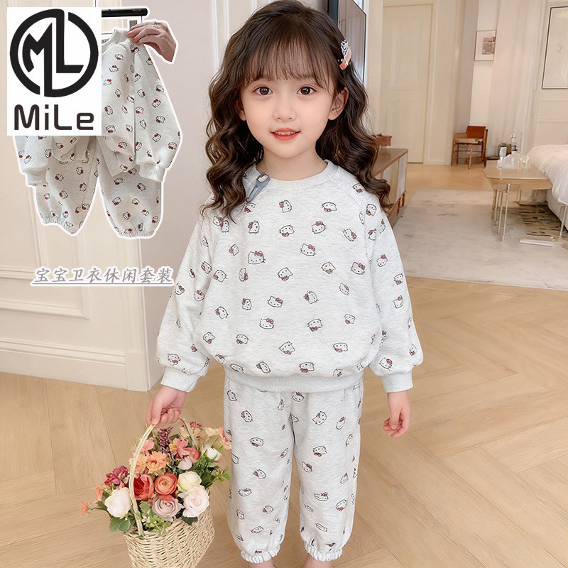 ชุดเด็กหญิงสไตล์ตะวันตก ขนาด 90-140 ซม. พิมพ์ลายการ์ตูนน่ารัก สำหรับฤดูใบไม้ผลิและใบไม้ร่วง ชุดสองชิ้น