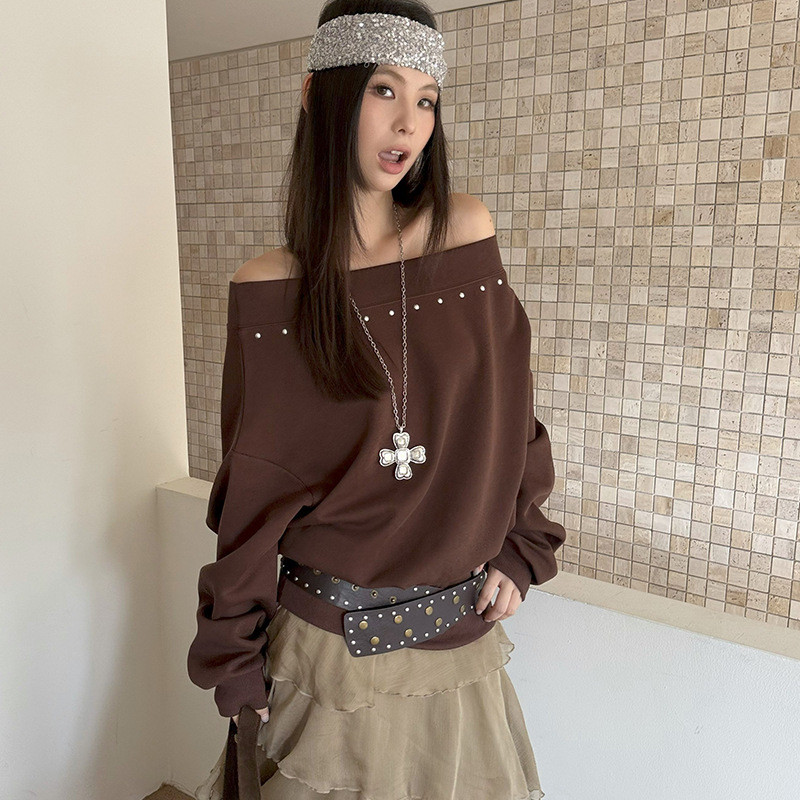 hoodieMMFISH时髦街头斜肩美式铆钉大版复古秋露肩宽松休闲卫衣25T49 y9xlpGN2tm1112