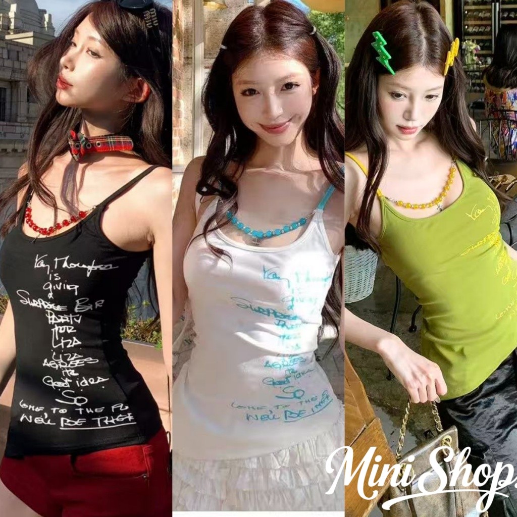 Mini shop🌸พร้อมส่ง🌸 เสื้อสายเดี่ยว เสริมฟองน้ำสีสดใส มินิมอล ยืดใส่สบาย ดีเทลแต่งลูกปัดเก๋ๆ เสื้อแฟชั่น(FY946)