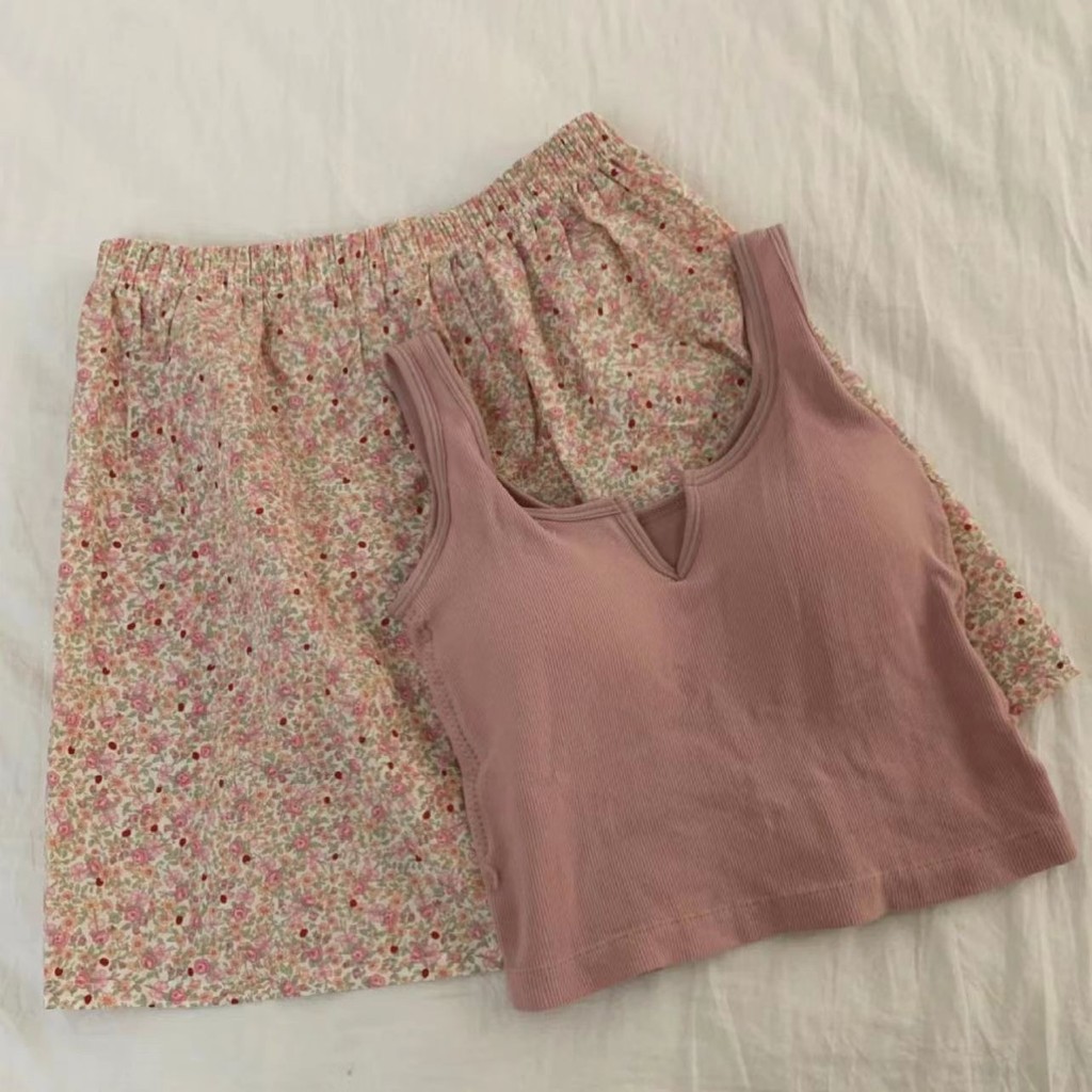 กางเกงขาสั้นเย็นกับฟองน้ำสายคล้องคอชุดนอนที่บ้าน ✨calibri_19.th✨