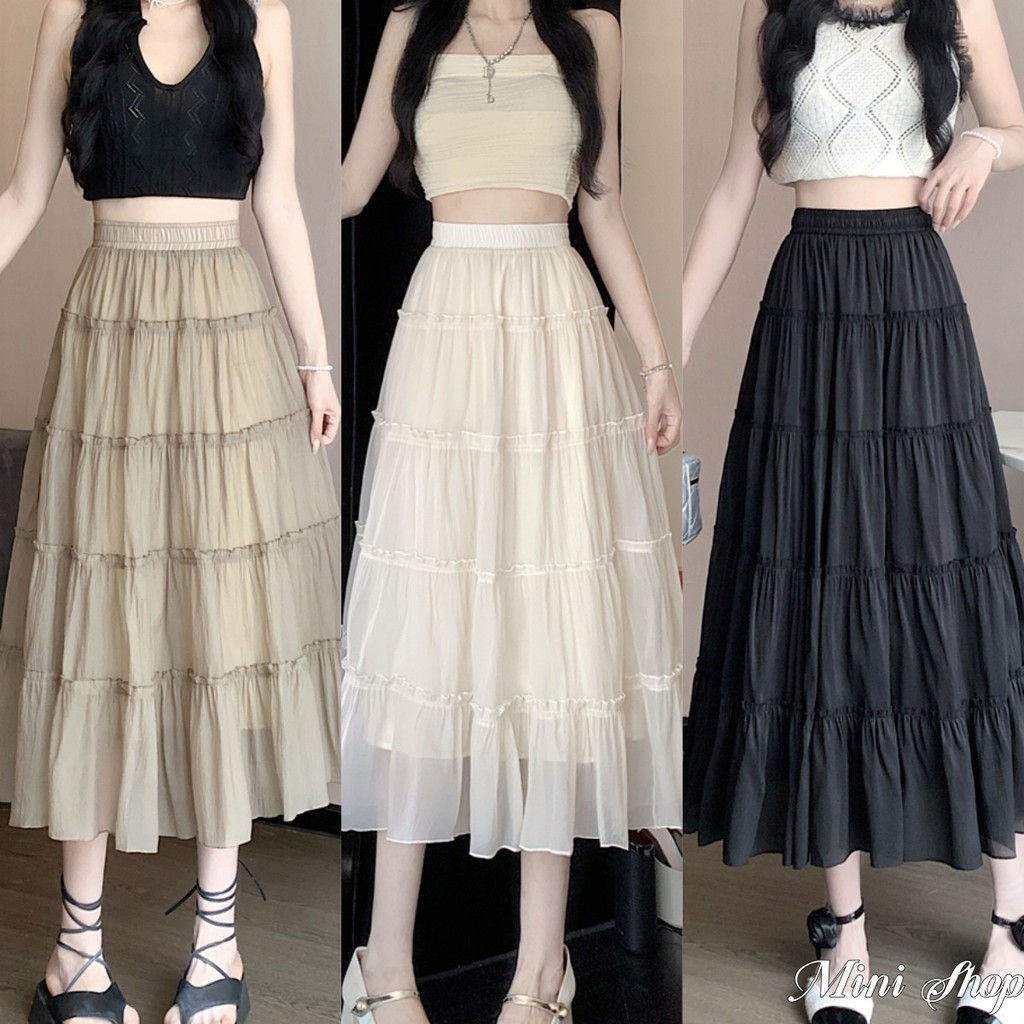 Mini shop🌸พร้อมส่ง🌸กระโปรงยาวผ้าชีฟองสีพื้น ใส่สบาย สไตล์โบฮี่เมี่ยน สุดชิค Layer Skirts เอวกลางๆ(7313)