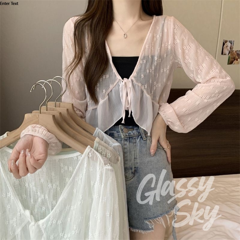 Glassy Sky 💖พร้อมส่ง💖 (95141) -Cเสื้อคลุมถักไหมพรม แขนยาว ผ้าซีทรูลวดลายลูกไม้เบาบาง