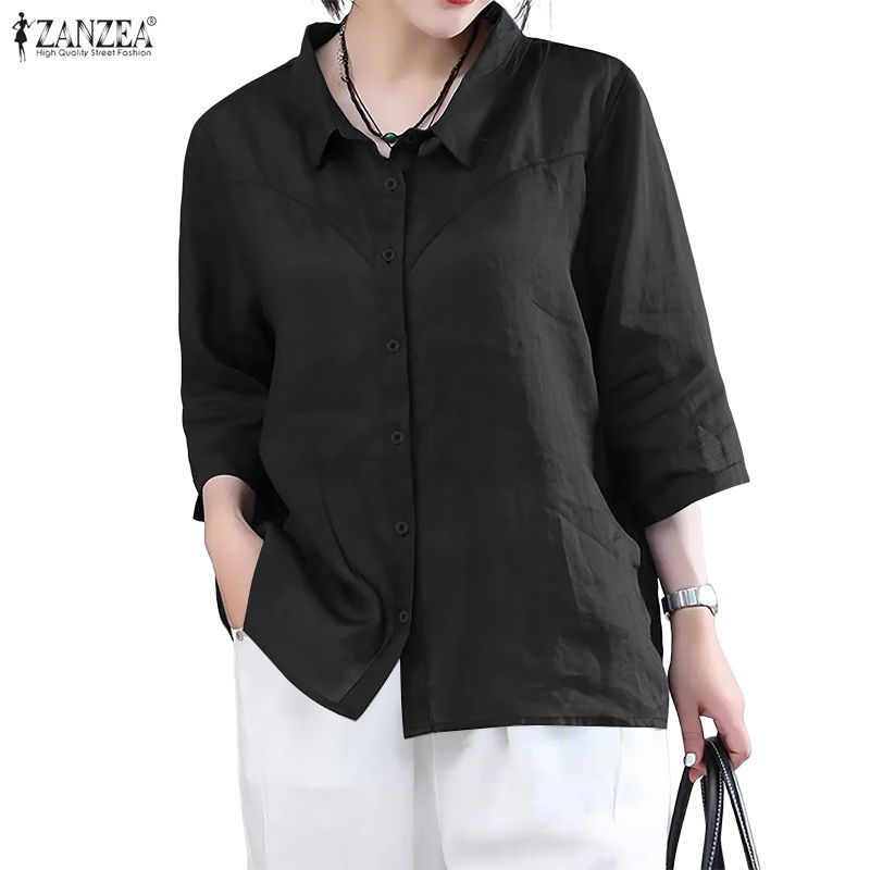 ZANZEA เสื้อเชิ๊ตผู้หญิงสไตล์เกาหลี กระดุมปุ่มลง แขนยาว 3/4 เหมาะสำหรับการทำงานและการแต่งตัวสบายๆ