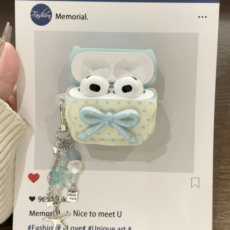 Blue White Polka Dot 3D Bow AirPods Pro3 เคสหูฟังบลูทูธ AirPods 1/2/3/4 หูฟังฝาครอบป้องกัน