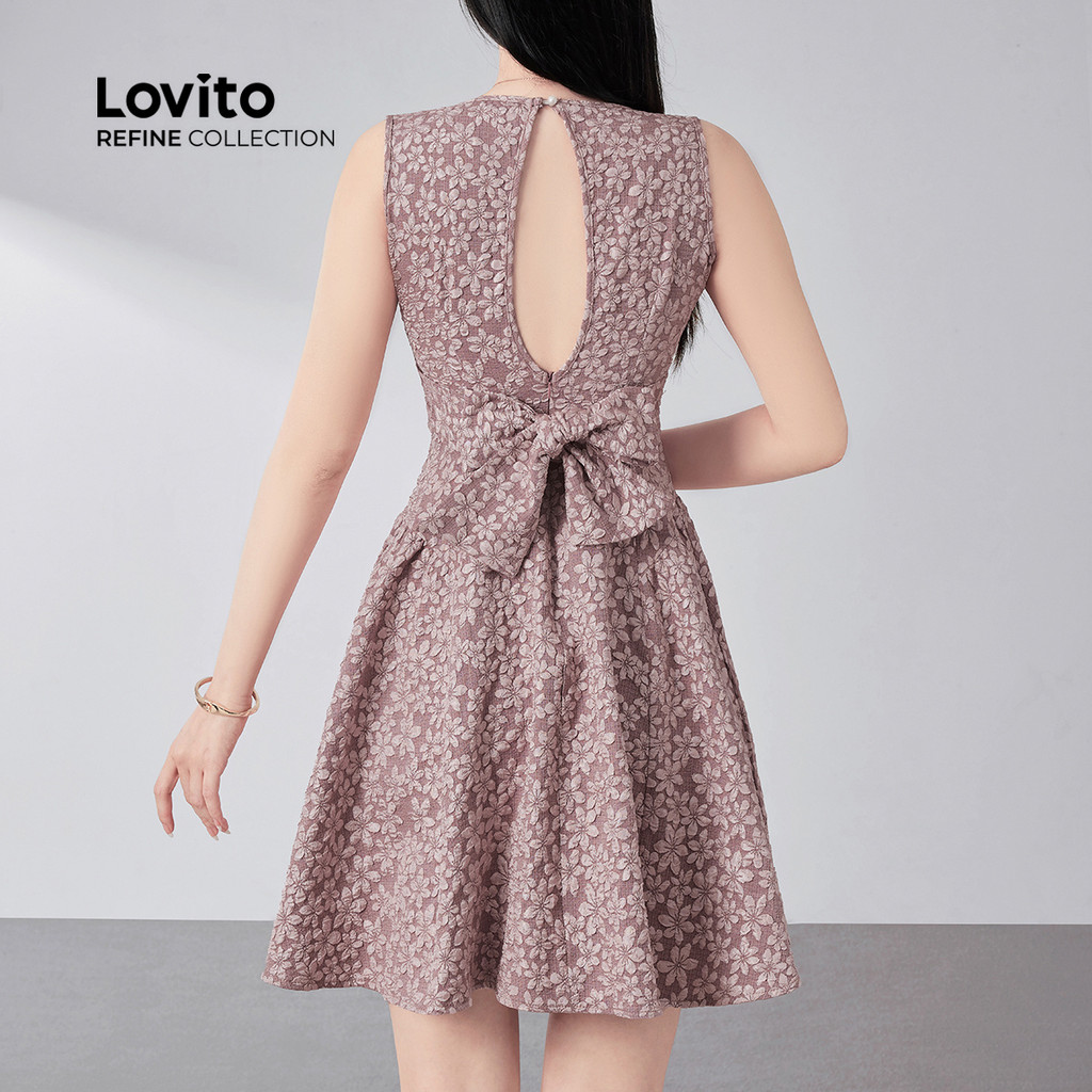 (Lovito Refine) เดรสลำลองสำหรับใส่ทำงาน เดรสสีชมพูผ้าแจ็กการ์ดเปิดหลังสุดคลาสสิกและใช้งานได้หลากหลาย สำหรับฤดูใบไม้ผลิ/ฤดูร้อน สำหรับผู้หญิง LR21E018 - รูปที่ 2