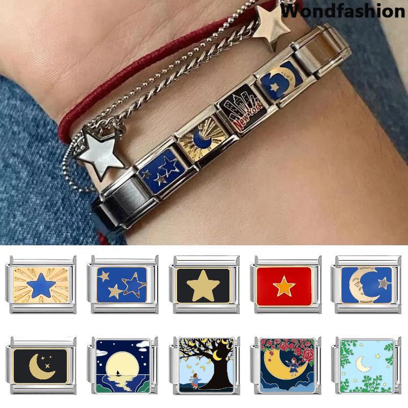 สร้อยข้อมือ Moon Star Charm สไตล์อิตาเลียน สแตนเลส แบบเรโทร สำหรับทำเองด้วย DIY