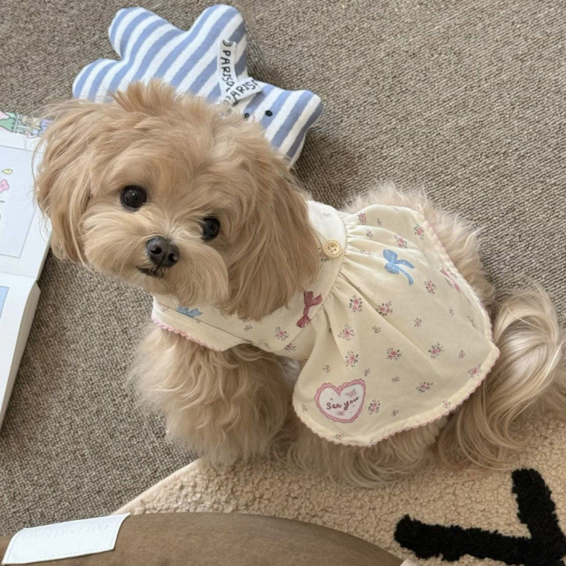 ชุดเดรสแขนกุดลายดอกไม้น่ารักสําหรับสุนัขขนาดเล็กแมวฤดูใบไม้ผลิฤดูร้อนเสื้อผ้าสัตว์เลี้ยงเท็ดดี้บิชอนชุดใส่ในบ้าน