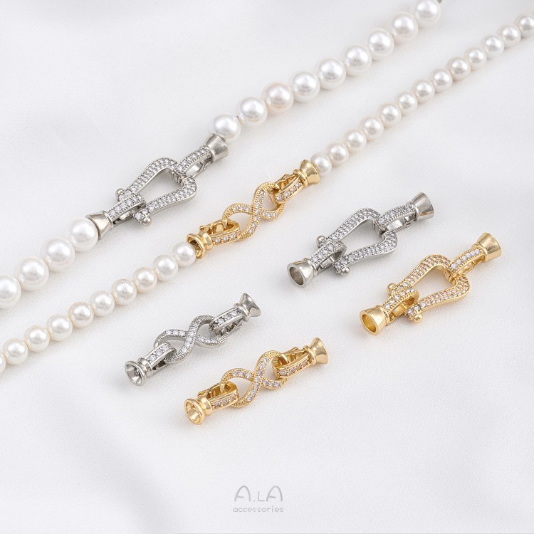 สี-การจอง Pearl Buckle 14K Gold-Clad รูป 8 หัวเข็มขัดคู่ U-Shaped Horseshoe Buckle DIY String Pearl 