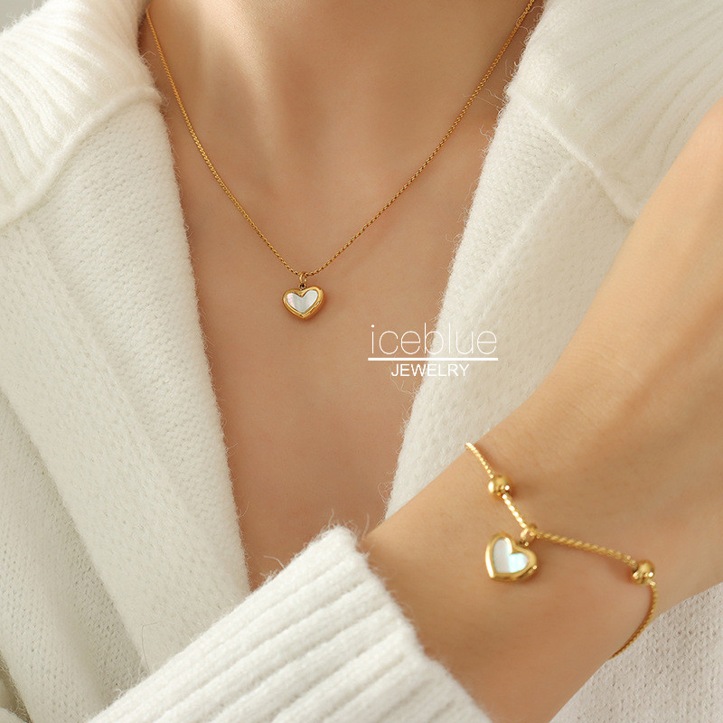 iceblue-ชุดเครื่องประดับ จี้หัวใจฝังเปลือกหอยบอบบาง มีทั้งสร้อยคอ กำไล และต่างหู ชุบทอง18K กันน้ำ กันเหงื่อ ไม่ซีดสี สำหรับสุภาพสตรี N183 B46 E121
