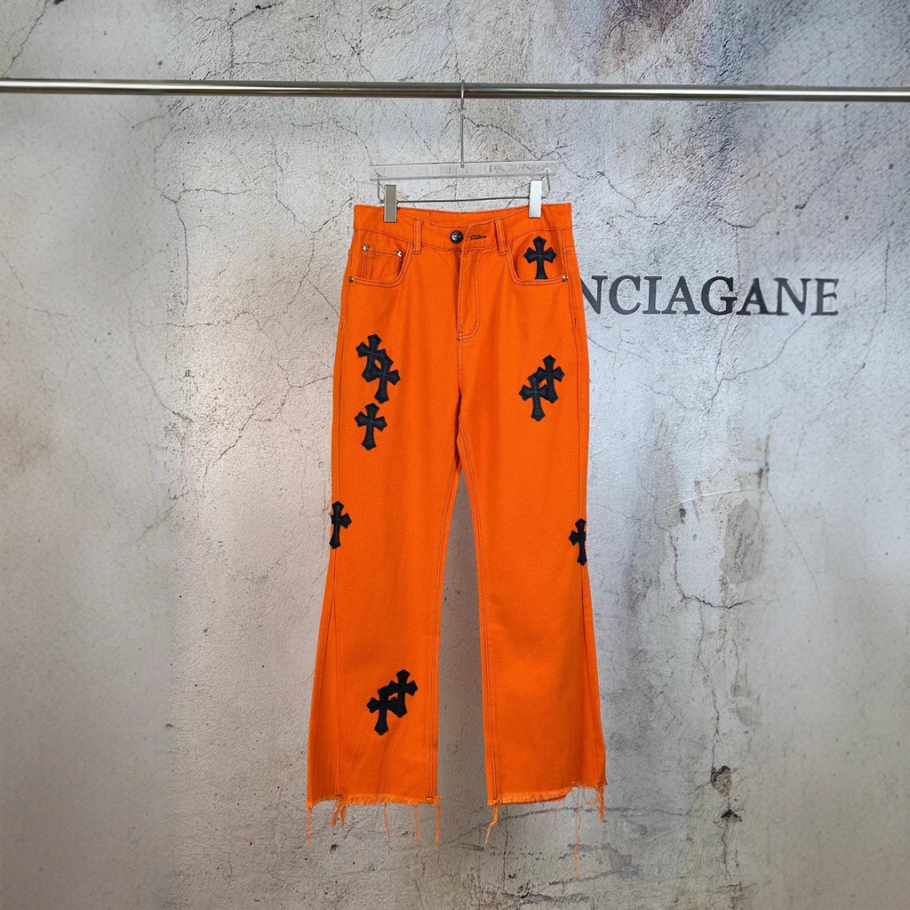 1OCT Chrome Hearts 2025Spring and Summer New Cross Orange Cow King Patchwork Flared Jeans for Men an