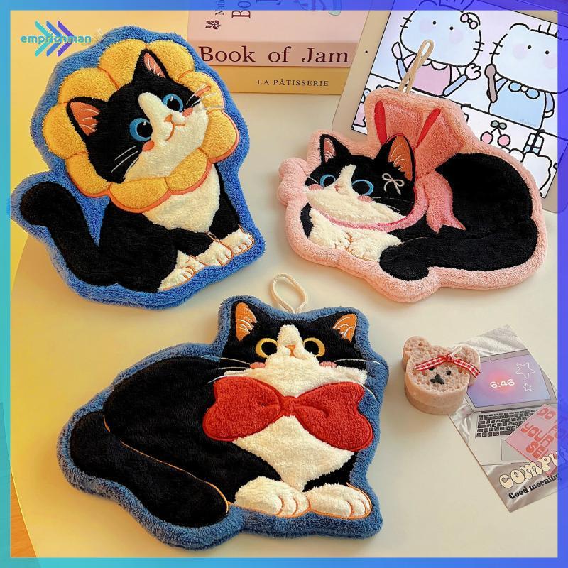 EPMN> การ์ตูนปะการังกํามะหยี่ผ้าเช็ดมือสําหรับห้องครัว Kawaii Cat Hand Wipe ผ้าทําความสะอาดห้องน้ําแขวนผ้าเช็ดตัวดูดซับ Clean Rag ใหม่