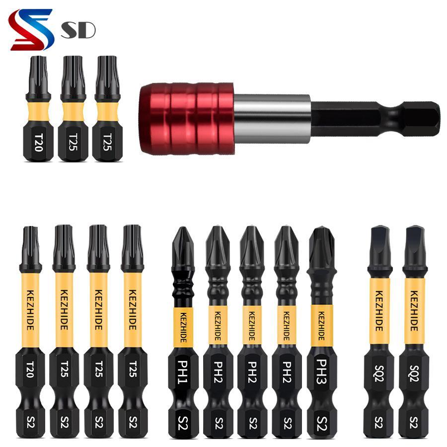 ชุดดอกไขควงกันกระแทก 15 ชิ้น - T20 T25 PH1 PH2 PH3 SQ2 แม่เหล็กที่แข็งแกร่ง