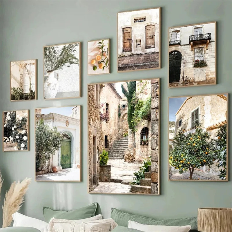 อิตาลีสเปน Puglia สถาปัตยกรรมโปสเตอร์ผ้าใบภาพวาดสีเขียวใบในร่มพืช Wall Art พิมพ์ภาพห้องนั่งเล่น Deco