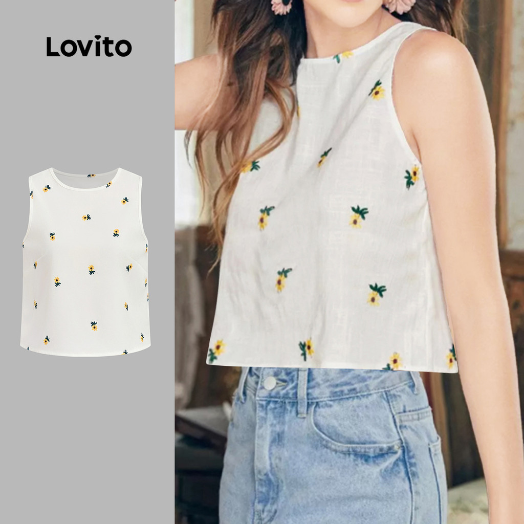 Lovito เสื้อกล้ามสีขาวออฟไวท์ลายดอกไม้เล็ก ๆ สุดหรูหราสำหรับฤดูใบไม้ผลิ/ฤดูร้อน สำหรับผู้หญิง L135A2D017