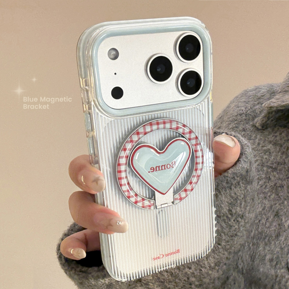 Ins Red Stripesรูปหัวใจแม่เหล็กFolable Stand HolderกรณีIPhone 17 Pro Max 17 Pro 17 16 Pro Max 15 14 13 12 11 กันกระแทกนุ่มTpuปกหลัง