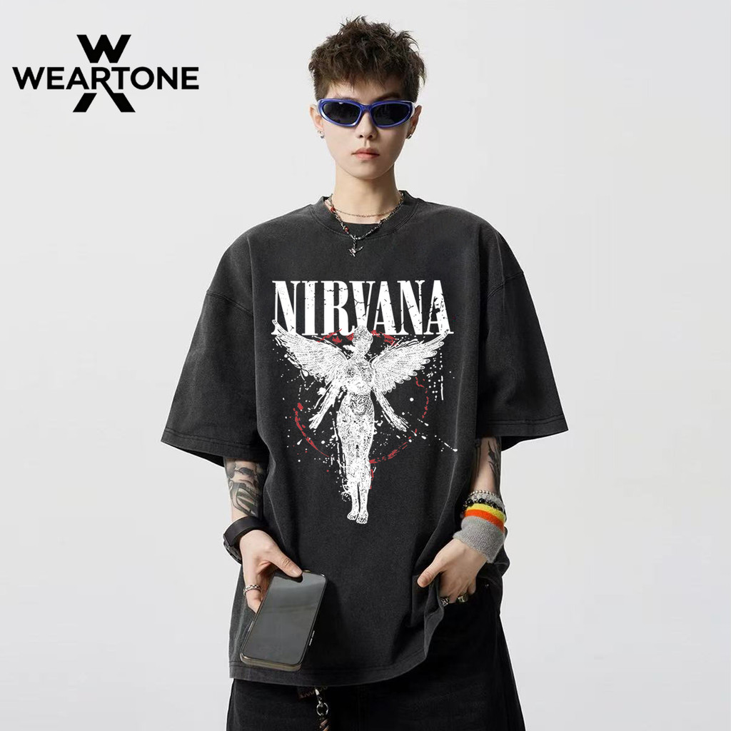 WEARTONE🌟 พร้อมส่ง เสื้อยืด oversize【เสื้อยืดผ้าฝ้าย 100%】เสื้อฟอก แฟชั่นฤดูร้อน เสื้อไม่ยับ ลาย "NIRVANA"