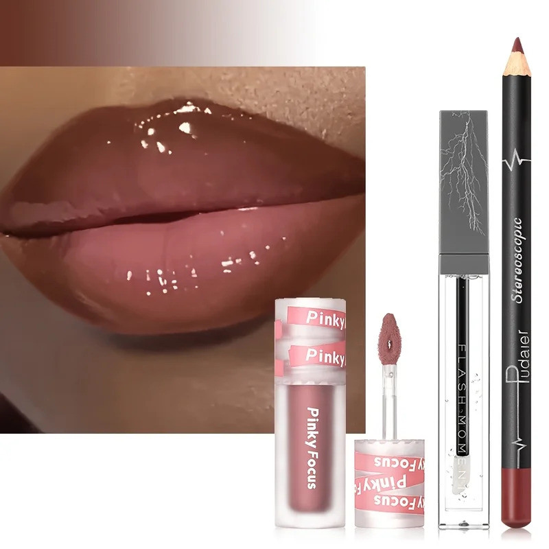3PCS Shimmer Moisturizing Lip Gloss-Lip Liner และ Lip Mud และ Oil, Non-เหนียวเหนอะหนะ, Glitter, Nour